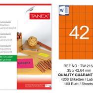 Tanex TW-2154 35x42.43 mm 100'lü Turuncu Floresan Laser Etiket