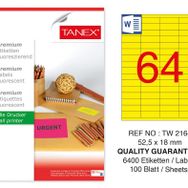 Tanex TW-2164 52.5x18 mm 100'lü Sarı Floresan Laser Etiket