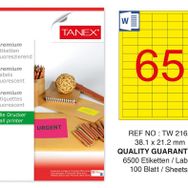 Tanex TW-2165 38.1x21.2 mm 100'lü Sarı Floresan Laser Etiket