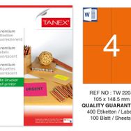 Tanex TW-2204 105x148.5 mm 100'lü Turuncu Floresan Laser Etiket