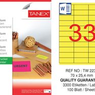 Tanex TW-2233 70x25.4 mm 100'lü Sarı Floresan Laser Etiket