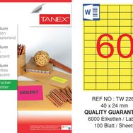 Tanex TW-2260 40x24 mm 100'lü Sarı Floresan Laser Etiket