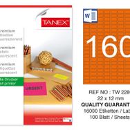 Tanex TW-2280 22x12 mm 100'lü Turuncu Floresan Laser Etiket