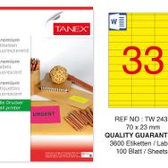 Tanex TW-2433 70x23 mm 100'lü Sarı Floresan Laser Etiket