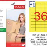 Tanex TW-2453 45x30 mm 100'lü Sarı Pastel Laser Etiket