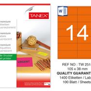 Tanex TW-2514 105x38 mm 100'lü Turuncu Floresan Laser Etiket
