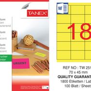 Tanex TW-2518 70x45 mm 100'lü Sarı Floresan Laser Etiket