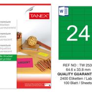 Tanex TW-2533 64.6x33.8 mm 100'lü Yeşil Floresan Laser Etiket