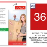 Tanex TW-2536 63x24 mm 100'lü Kırmızı Pastel Laser Etiket