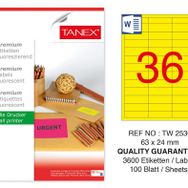 Tanex TW-2536 63x24 mm 100'lü Sarı Floresan Laser Etiket