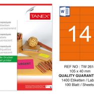 Tanex TW-2614 105x40 mm 100'lü Turuncu Floresan Laser Etiket