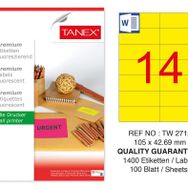 Tanex TW-2712 105x42.69 mm 100'lü Sarı Floresan Laser Etiket