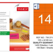 Tanex TW-2712 105x42.69 mm 100'lü Turuncu Floresan Laser Etiket