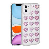 Teleplus Apple iPhone 11 Kamera Korumalı Kalp Desenli Simli Silikon Pembe Kılıf
