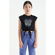 Tommy Life 75114 Siyah Kalp Baskılı Ön Düğüm Detaylı Rahat Form Kız Çocuk T-Shirt
