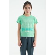 Tommy Life 75118 Su Yeşili O Yaka Yazı Baskılı Rahat Form Kısa Kollu Cropped Kız Çocuk T-Shirt