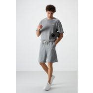Tommy Life 85250 Gri Melanj Pamuklu Kalın Yumuşak Dokulu Oversize Fit Nakışlı Erkek Şortlu Takım