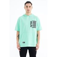 Tommy Life 88196 Su Yeşili Kapüşonlu Baskılı Kanguru Cepli Oversize Erkek T-shirt
