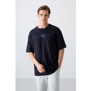 Tommy Life 88323 Lacivert Pamuklu Kalın Yumuşak Dokulu Oversize Fit Baskılı Erkek T-Shirt