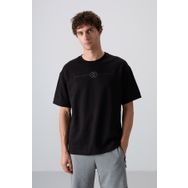 Tommy Life 88323 Siyah Pamuklu Kalın Yumuşak Dokulu Oversize Fit Baskılı Erkek T-Shirt