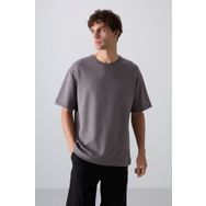 Tommy Life 88324 Koyu Gri Pamuklu Kalın Yumuşak Dokulu Oversize Fit Baskılı Erkek T-Shirt