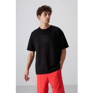 Tommy Life 88324 Siyah Pamuklu Kalın Yumuşak Dokulu Oversize Fit Baskılı Erkek T-Shirt