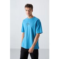 Tommy Life 88325 Petrol Mavi Pamuklu Kalın Yumuşak Dokulu Oversize Fit Baskılı Erkek T-Shirt