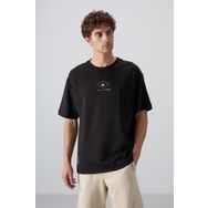 Tommy Life 88325 Siyah Pamuklu Kalın Yumuşak Dokulu Oversize Fit Baskılı Erkek T-Shirt