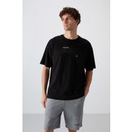 Tommy Life 88326 Siyah Pamuklu Kalın Yumuşak Dokulu Oversize Fit Baskılı Erkek T-Shirt