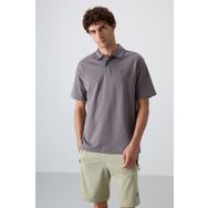 Tommy Life 88327 Koyu Gri Pamuklu Kalın Yumuşak Dokulu Oversize Fit Basic Polo Yaka Erkek T-Shirt