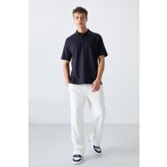 Tommy Life 88327 Lacivert Pamuklu Kalin Yumusak Dokulu Oversize Fit Basic Polo Yaka Erkek T-Shirt