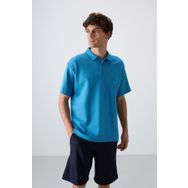Tommy Life 88327 Petrol Mavi Pamuklu Kalın Yumuşak Dokulu Oversize Fit Basic Polo Yaka Erkek T-Shirt