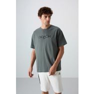 Tommy Life 88329 Haki Pamuklu Kalın Yumuşak Dokulu Oversize Fit Baskılı Erkek T-Shirt