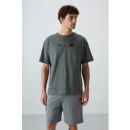 Tommy Life 88330 Haki Pamuklu Kalın Yumuşak Dokulu Oversize Fit Baskılı Erkek T-Shirt