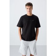 Tommy Life 88330 Siyah Pamuklu Kalın Yumuşak Dokulu Oversize Fit Baskılı Erkek T-Shirt