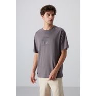 Tommy Life 88332 Koyu Gri Pamuklu Kalın Yumuşak Dokulu Oversize Fit Baskılı Erkek T-Shirt