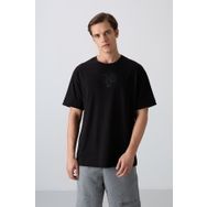 Tommy Life 88333 Siyah Pamuklu Kalın Yumuşak Dokulu Oversize Fit Baskılı Erkek T-Shirt