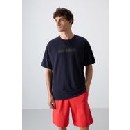 Tommy Life 88334 Lacivert Pamuklu Kalın Yumuşak Dokulu Oversize Fit Baskılı Erkek T-Shirt