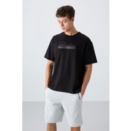 Tommy Life 88334 Siyah Pamuklu Kalın Yumuşak Dokulu Oversize Fit Baskılı Erkek T-Shirt