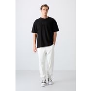 Tommy Life 88336 Siyah Pamuklu Kalın Yüzeyi Dokulu Oversize Fit Baskılı Erkek T-Shirt