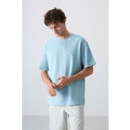 Tommy Life 88337 Açık Mavi Pamuklu Kalın Yüzeyi Dokulu Oversize Fit Basic Erkek T-Shirt