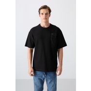 Tommy Life 88338 Siyah Pamuklu Kalın Yüzeyi Dokulu Oversize Fit Baskılı Erkek T-Shirt
