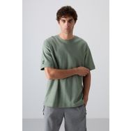 Tommy Life 88339 Açık Yeşil Pamuklu Kalın Yüzeyi Dokulu Oversize Fit Basic Erkek T-Shirt