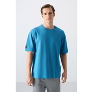Tommy Life 88339 Petrol Mavi Pamuklu Kalın Yüzeyi Dokulu Oversize Fit Basic Erkek T-Shirt