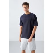 Tommy Life 88340 Lacivert Pamuklu Kalın Yüzeyi Dokulu Oversize Fit Basic Erkek T-Shirt