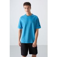 Tommy Life 88340 Petrol Mavi Pamuklu Kalın Yüzeyi Dokulu Oversize Fit Basic Erkek T-Shirt