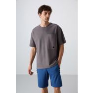 Tommy Life 88341 Koyu Gri Pamuklu Kalın Yüzeyi Dokulu Oversize Fit Basic Erkek T-Shirt