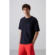 Tommy Life 88341 Lacivert Pamuklu Kalın Yüzeyi Dokulu Oversize Fit Basic Erkek T-Shirt
