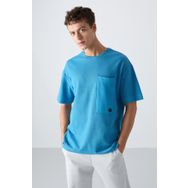 Tommy Life 88341 Petrol Mavi Pamuklu Kalın Yüzeyi Dokulu Oversize Fit Basic Erkek T-Shirt