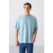 Tommy Life 88343 Açık Mavi Pamuklu Kalın Yumuşak Dokulu Oversize Fit Baskılı Erkek T-Shirt